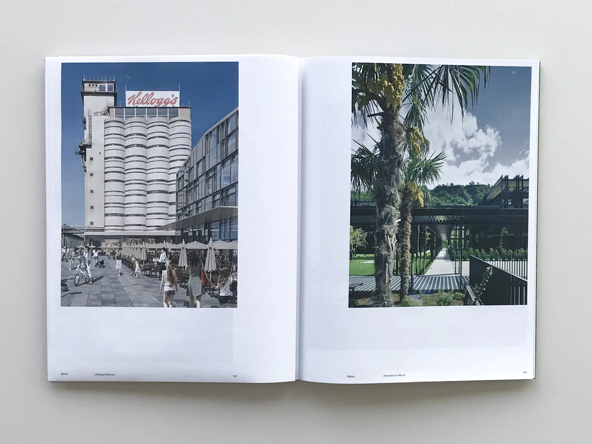 Kellogg's cereal factory towers with pedestrians and outdoor seating on left page; modern campus walkway lined with palm trees on right page.