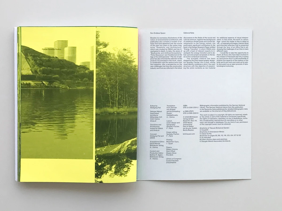 Open book displaying a yellow-tinted landscape photograph on the left page and dense text on the right page.