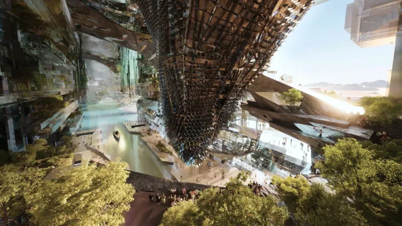 Futuristic cityscape with glass towers, a canal, and a colossal dark spined megastructure overhead; pedestrians stroll along terraces beneath.