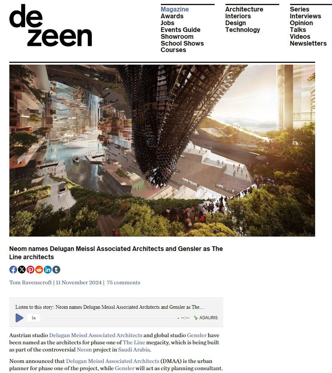 Pedestrians traverse terraces around a central inverted tower in a lush futuristic cityscape.