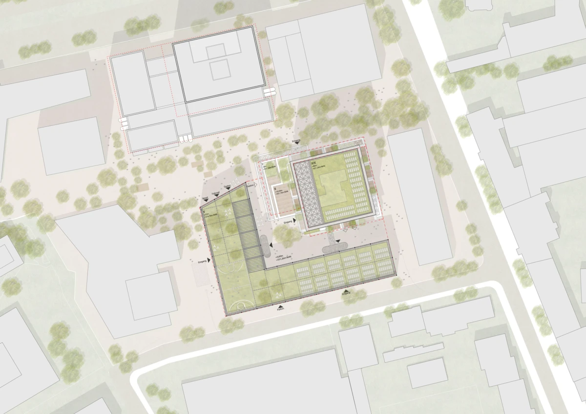 Aerial plan of a modern building complex with a central courtyard, green roof terraces, and tree-lined walkways surrounded by streets.