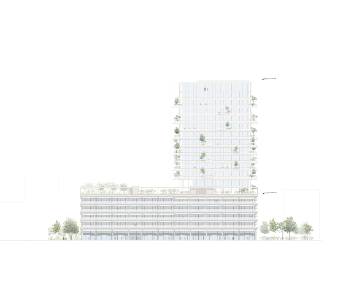 Architectural elevation of a mixed-use complex: a low-rise podium with storefronts and a glass-clad tower with vertical greenery terraces.