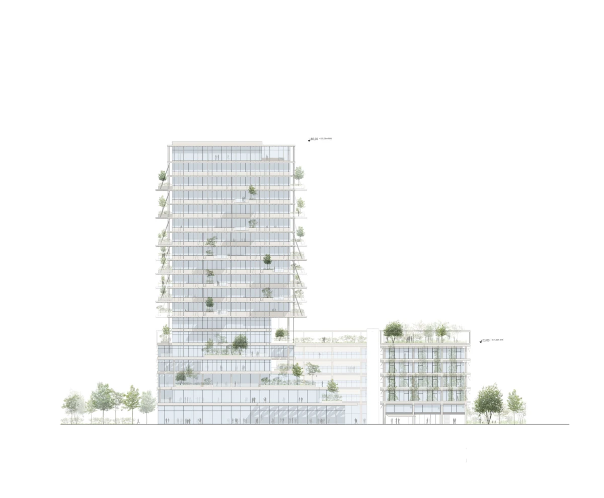 Elevation of a glass-clad high-rise with multiple greenery-filled terraces, attached to a shorter podium building on an urban street.