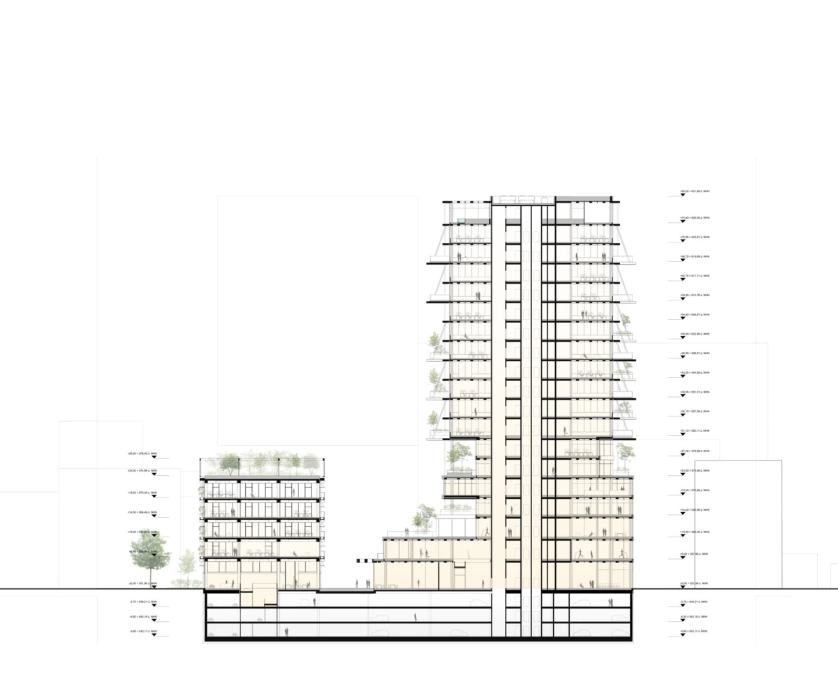 Cross-section of a mixed-use high-rise with a central tower and podiums in an urban setting, showing floors, stairwells, and landscaping.