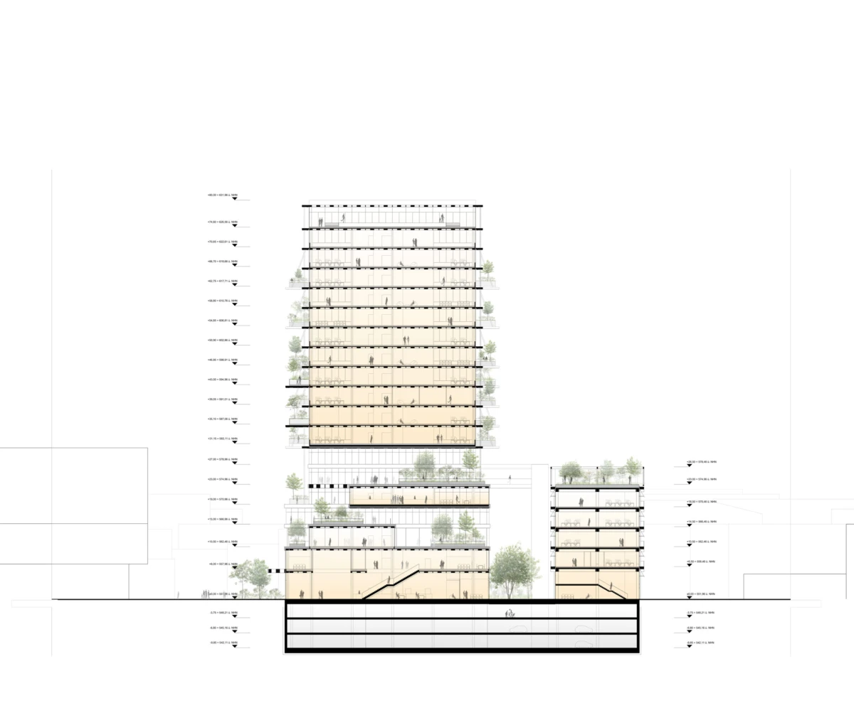 Section view of a tall mixed-use high-rise with stacked office floors, terraces with trees, and an underground parking level.