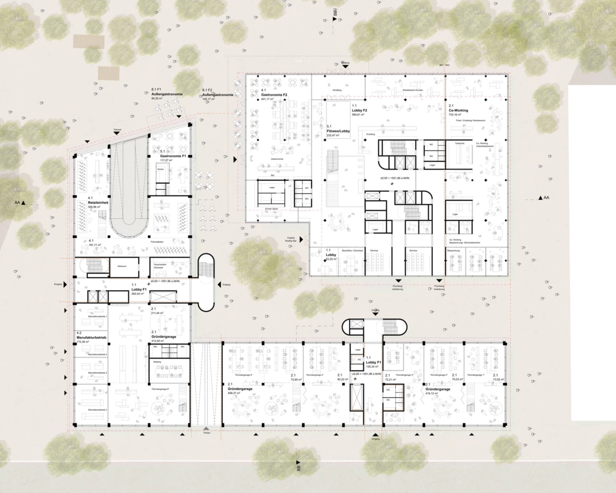 Architectural floor plan of a multi-building facility with interior layouts, surrounded by trees.