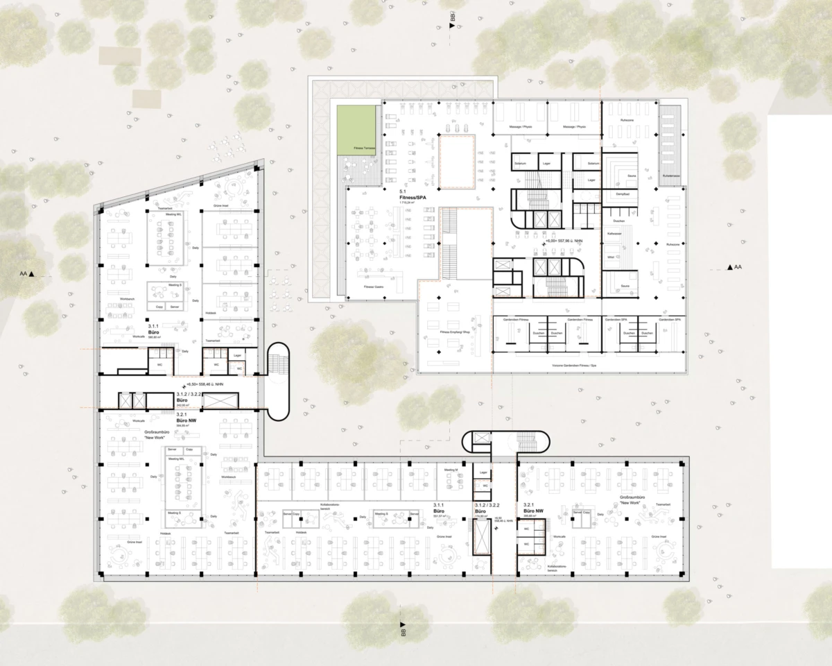 Architectural floor plan of a multi-wing office building connected by a central corridor, on a tree-filled landscape.