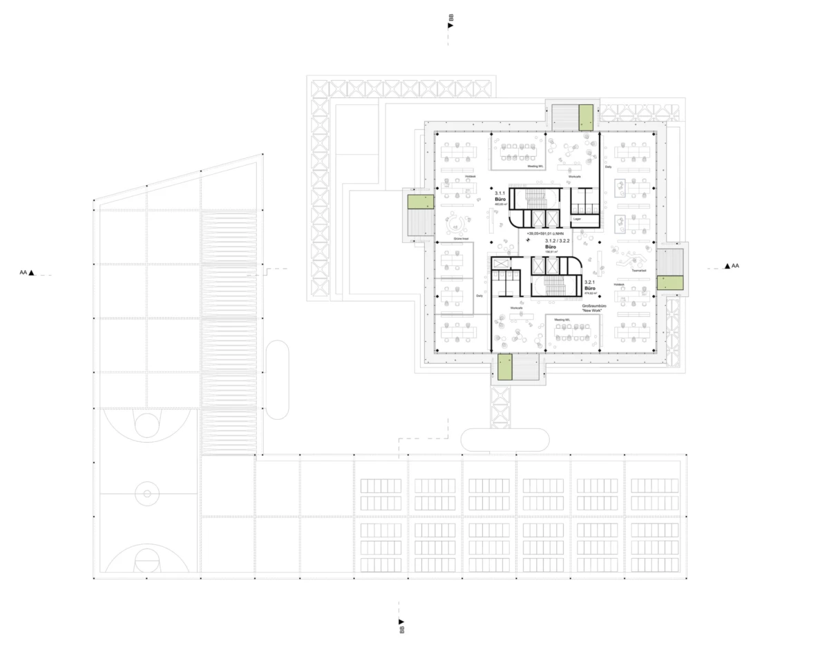 Architectural floor plan of a building showing open-plan office areas, meeting rooms, central cores, stairs, and surrounding terraces.