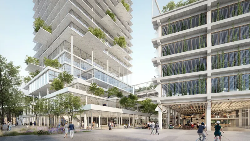 Modern mixed-use architectural complex with tiered glass towers and greenery; people walk through an outdoor plaza.