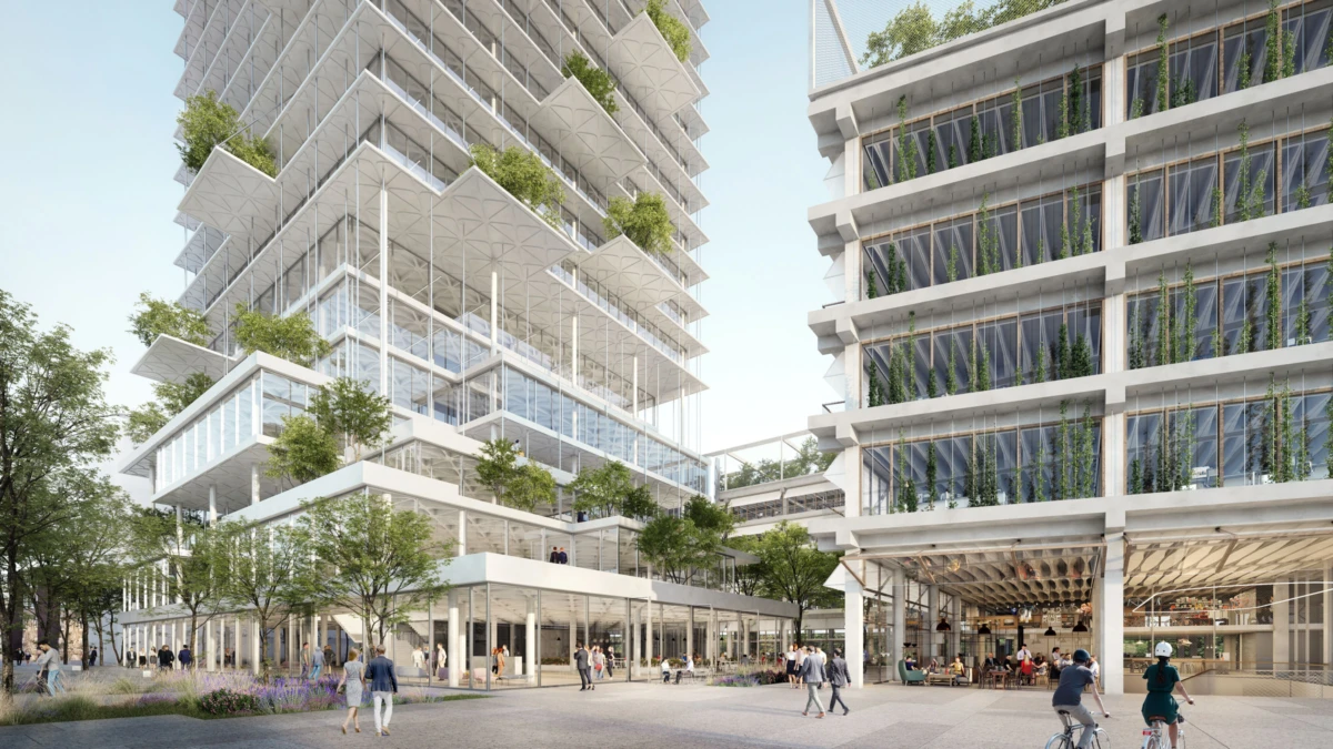 Modern mixed-use architectural complex with tiered glass towers and greenery; people walk through an outdoor plaza.