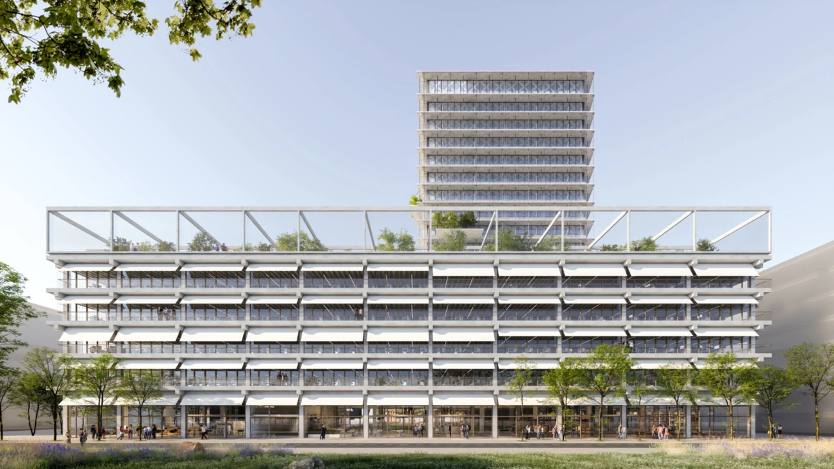 Modern glass-and-concrete office building with stacked terraces and a central tower; pedestrians near the ground-floor entrance.