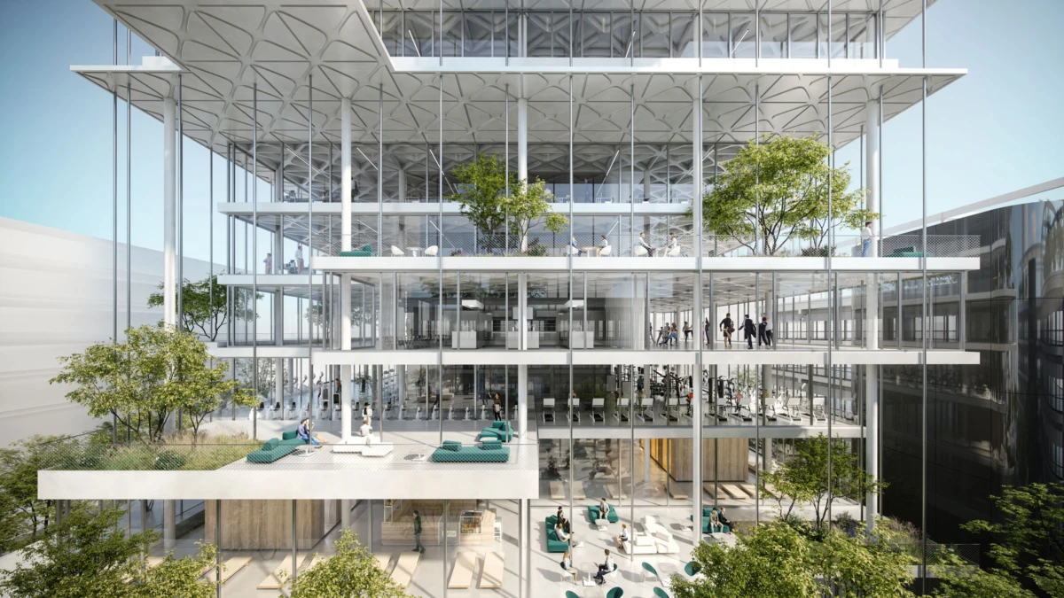 Glass-fronted, multi-story office building with open terraces and trees; people walk and mingle on each level.