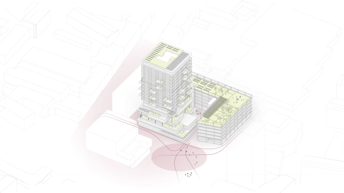 Isometric rendering of a modern mixed-use building complex with a tall tower, rooftop gardens, and a connected low-rise, in an urban setting.