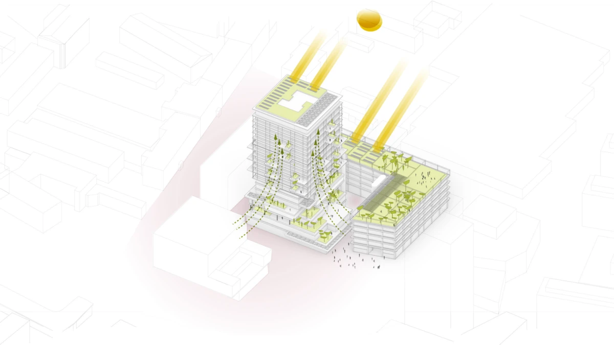 Isometric view of a modern urban development: a tall tower with green terraces linked to a low-rise block, palm trees, and yellow beams to the sky.