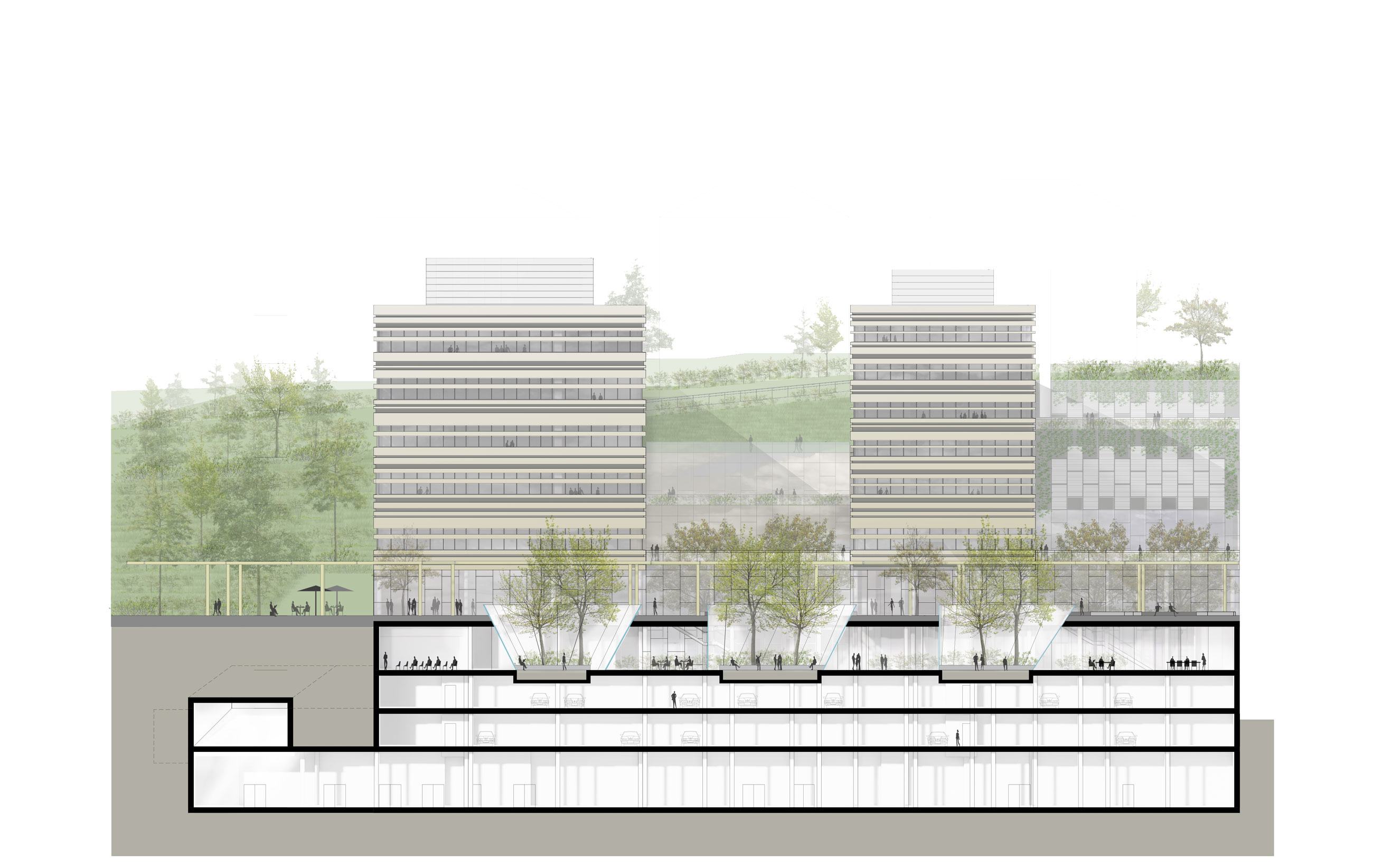 Architectural cross-section: two high-rise office towers flank a sunken, tree-filled plaza, with multi-level underground spaces beneath.