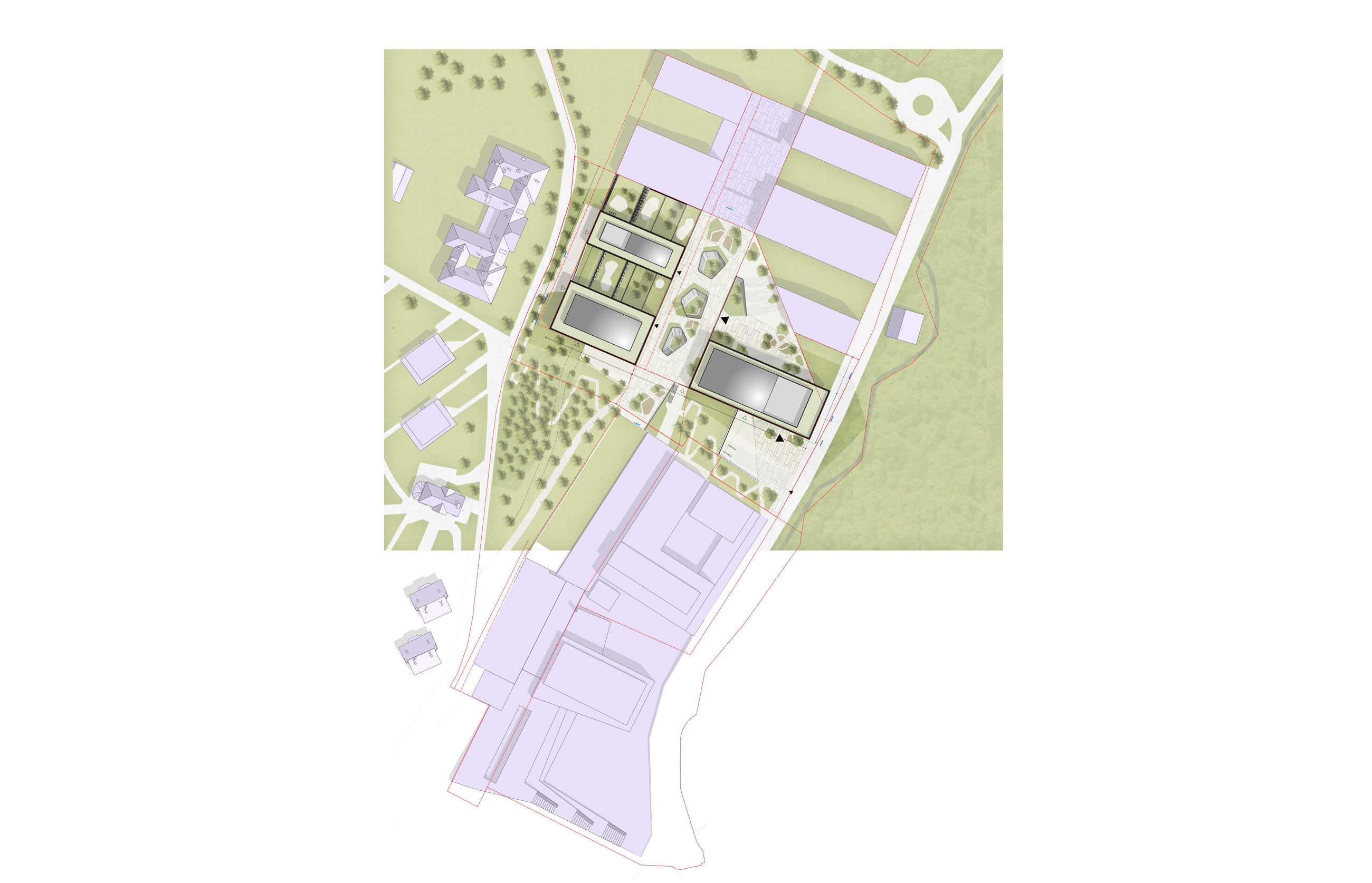 Top-down site plan of a campus-style development with rectangular buildings, courtyards, and landscaped greens linked by pathways.