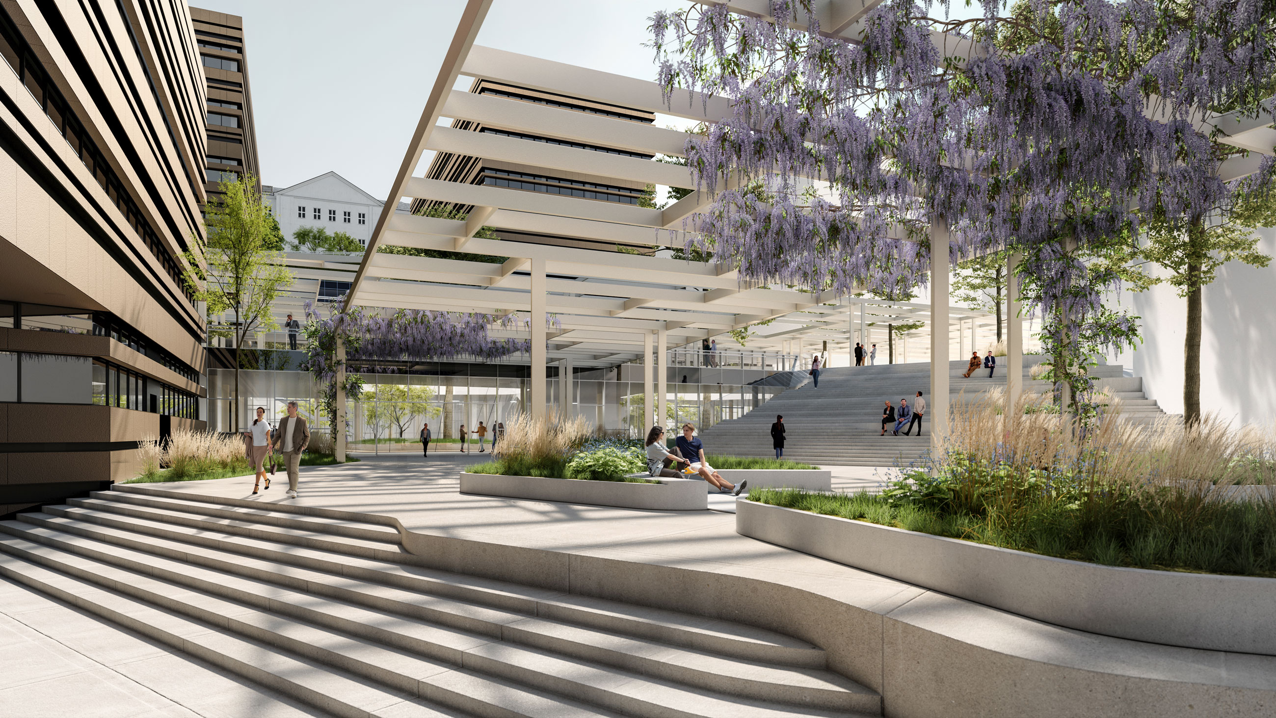 Pedestrians walk and relax in a modern urban plaza featuring stepped terraces, planters, and a pergola with hanging wisteria.
