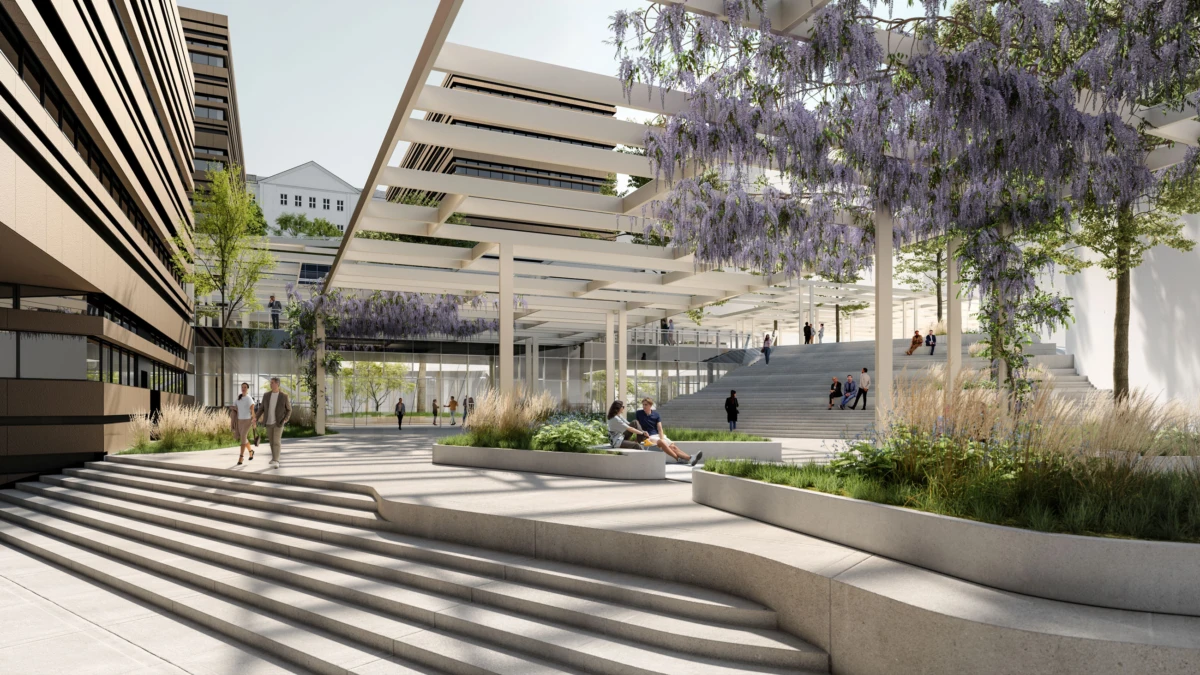 Pedestrians walk and relax in a modern urban plaza featuring stepped terraces, planters, and a pergola with hanging wisteria.