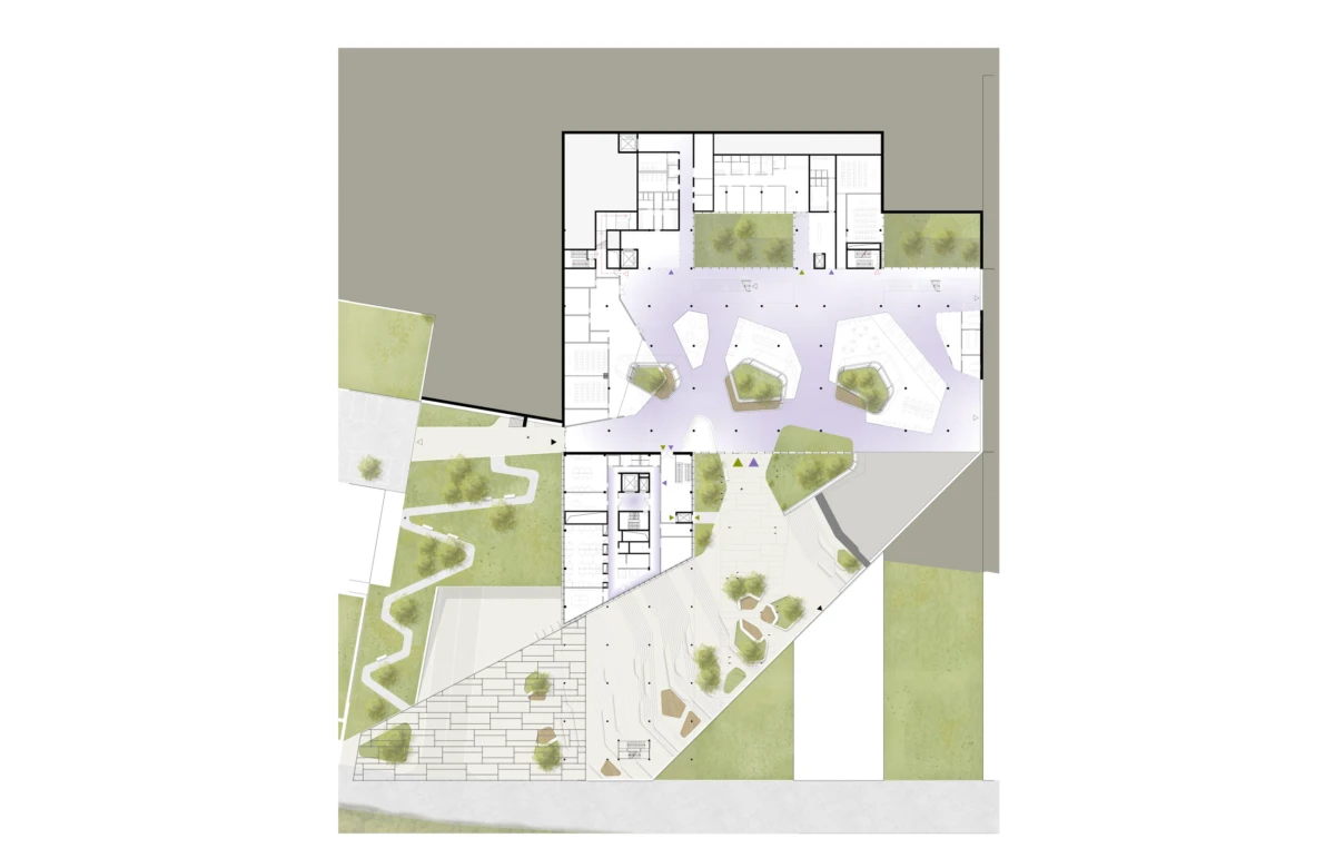 Site plan of a building complex with a central irregular courtyard plaza, polygonal seating blocks, and surrounding terraces.