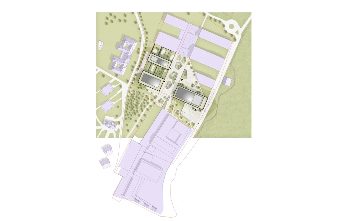 Top-down site plan of a campus-style development with rectangular buildings, courtyards, and landscaped greens linked by pathways.