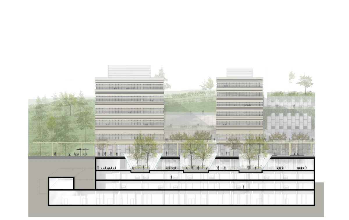 Architectural cross-section: two high-rise office towers flank a sunken, tree-filled plaza, with multi-level underground spaces beneath.