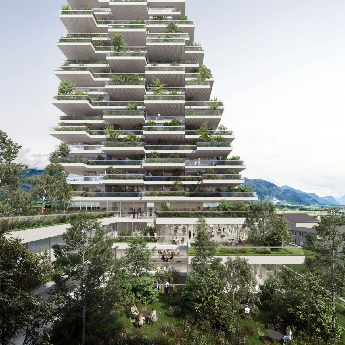 High-rise residential tower with staggered, greenery-filled balconies; people walk in a landscaped courtyard at the base.