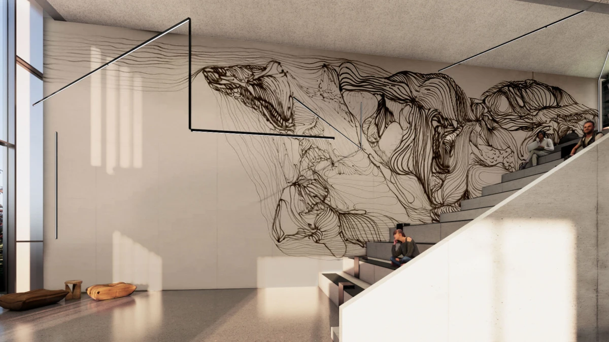 People sit on a modern concrete staircase in a contemporary lobby, beside a large abstract line-drawn mural on the wall.