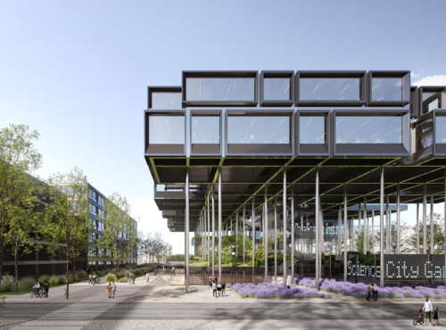 Modern elevated glass-box building on stilts above a pedestrian plaza with trees and lavender; people walk and cycle.