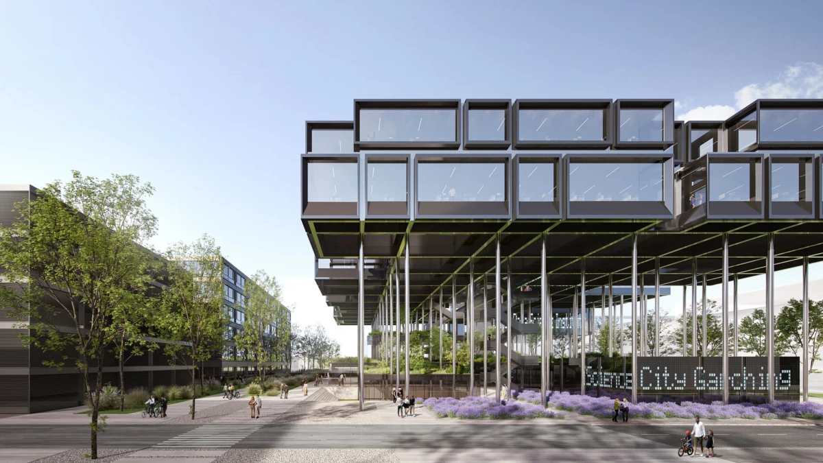Modern elevated glass-box building on stilts above a pedestrian plaza with trees and lavender; people walk and cycle.