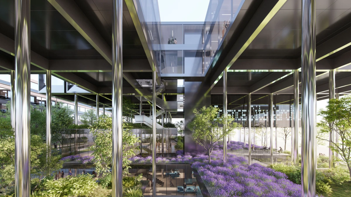 Indoor garden atrium with purple flowering shrubs and trees; steel columns, glass walkways, and people strolling on upper levels.