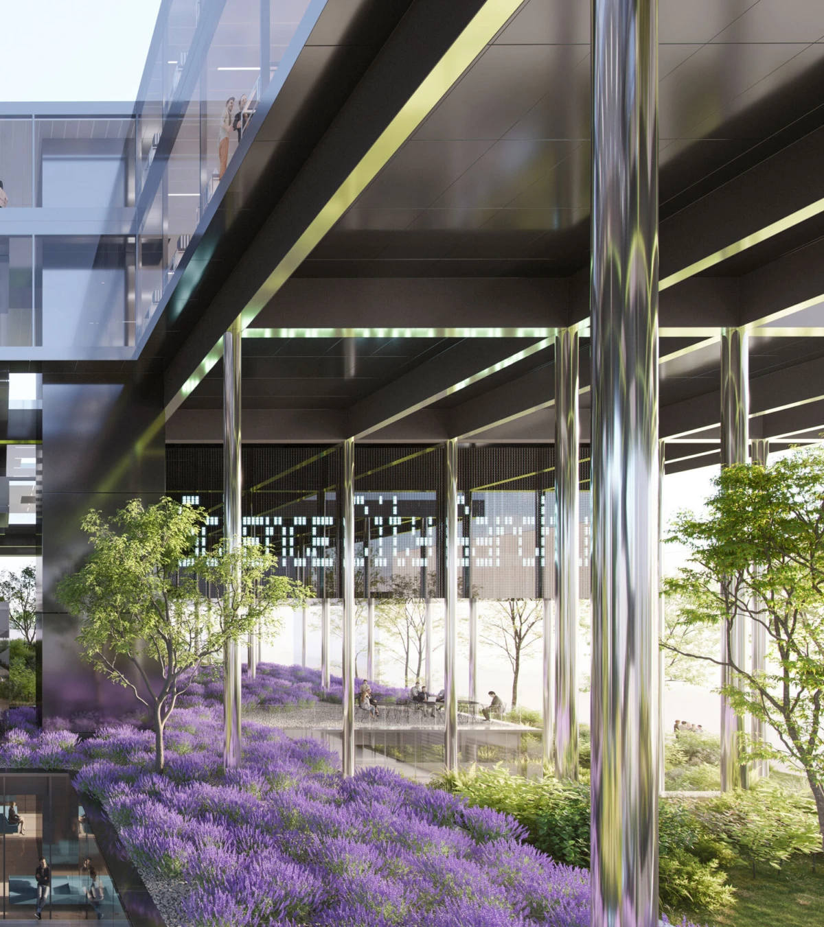 Modern building with glass facade and reflective steel columns; people on an elevated walkway above a lavender-filled courtyard.