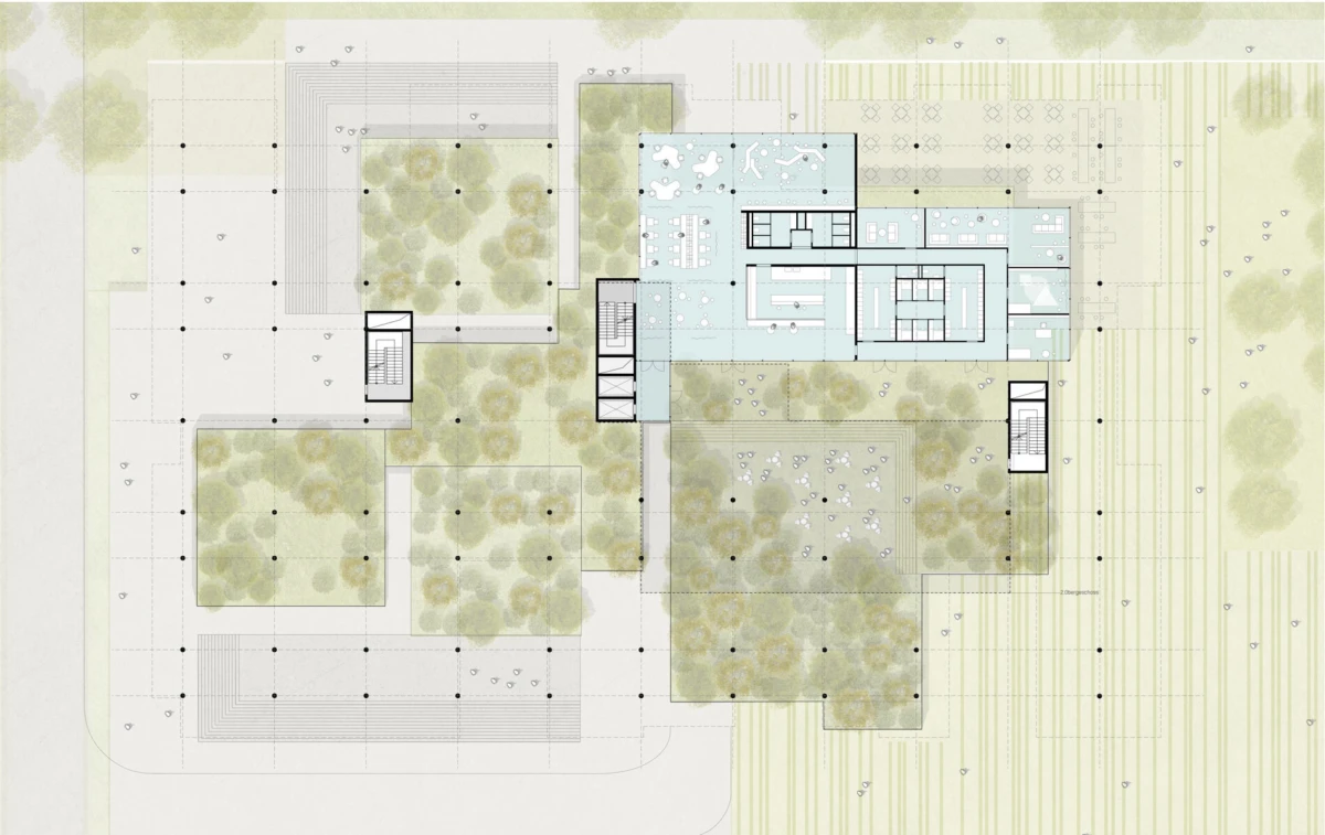 Top-down architectural site plan of a multi-wing building with surrounding landscaped courtyards and trees.