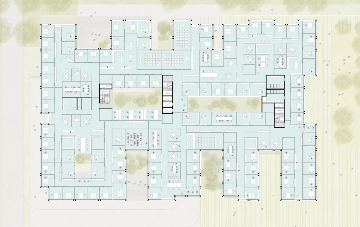 Detailed floor plan of a large multi-wing building with offices, conference rooms, and corridors; blue blueprint style with surrounding landscaping.