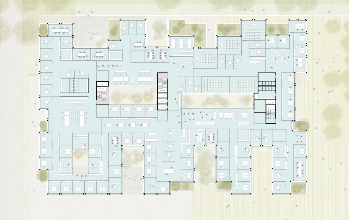 Architectural floor plan depicting a large, multi-wing building with offices, conference rooms, and corridors.