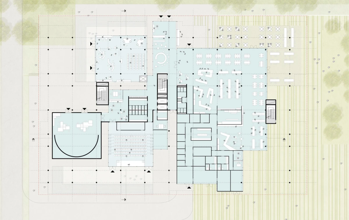 Architectural floor plan of a multi-wing building with rooms, corridors, and stairs; a large semicircular hall on the left, set on a green site.