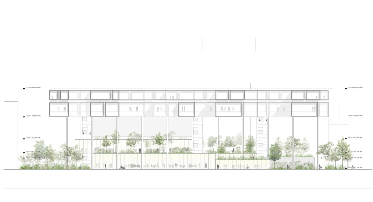 Cross-section of a modern, multi-story office building with a central tree-filled courtyard and glass façades.
