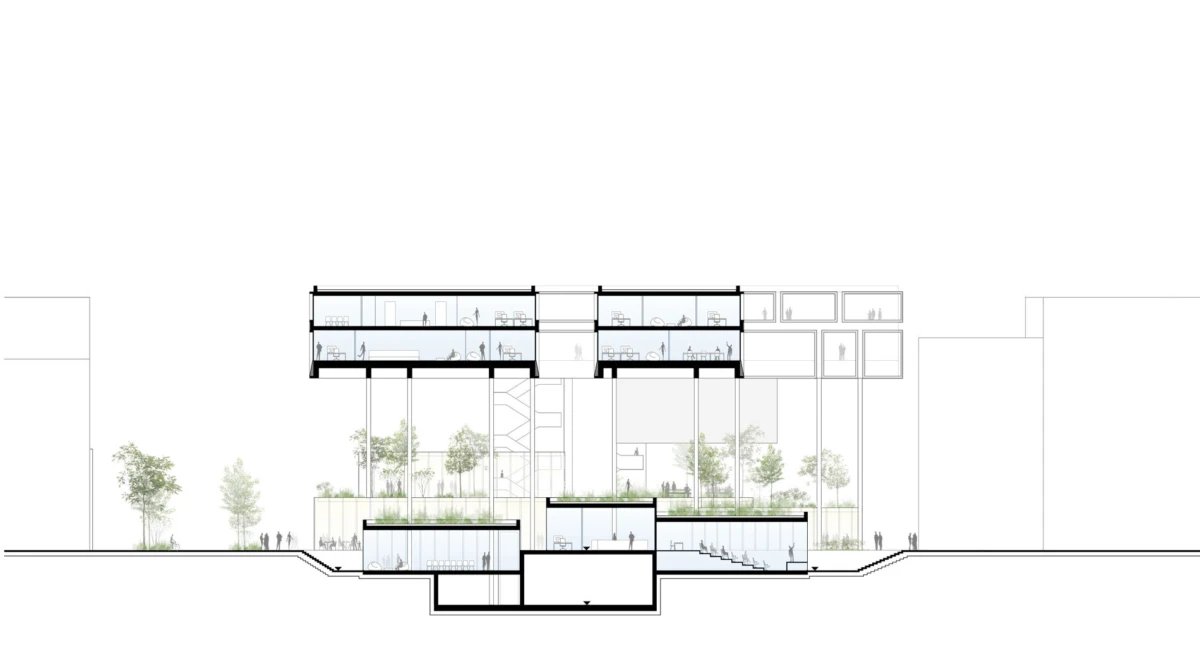 Cross-section of a contemporary multi-story building with an internal atrium, greenery, and people visible on multiple floors.