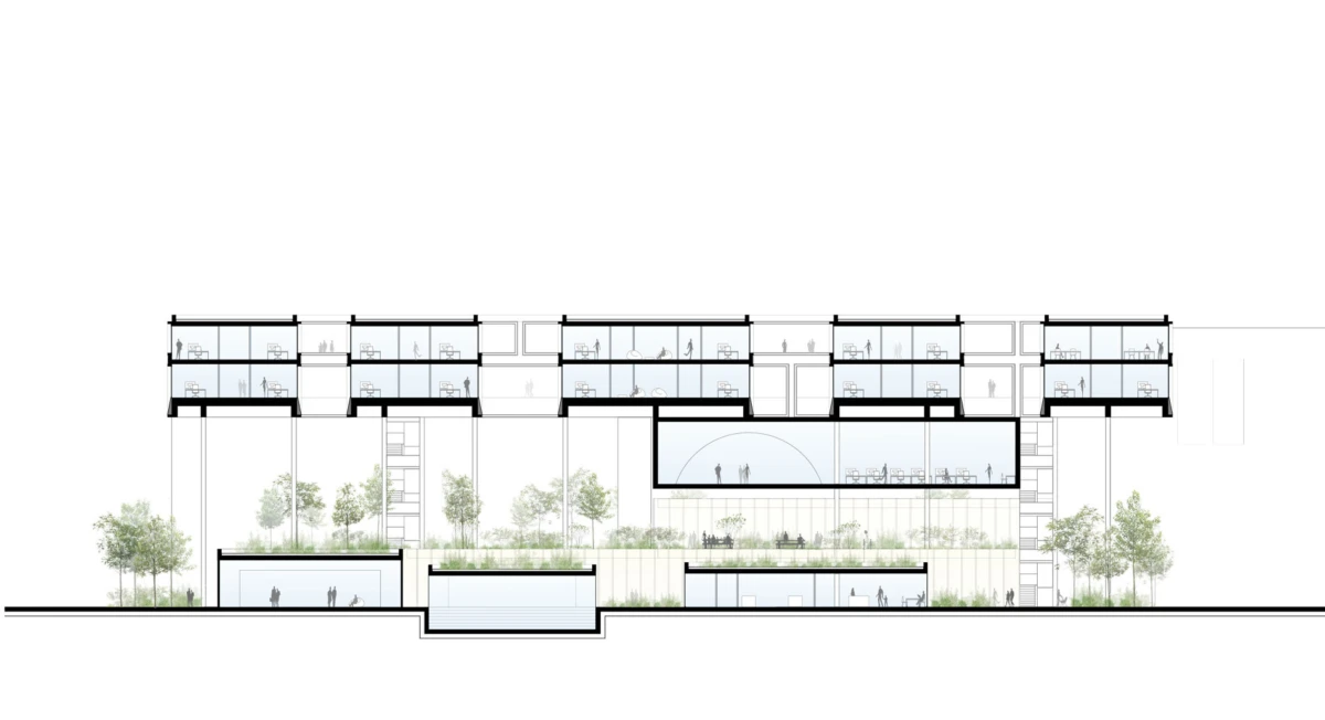 Architectural section of a multi-story building with terrace gardens, elevated walkways, and interior spaces shown with people.