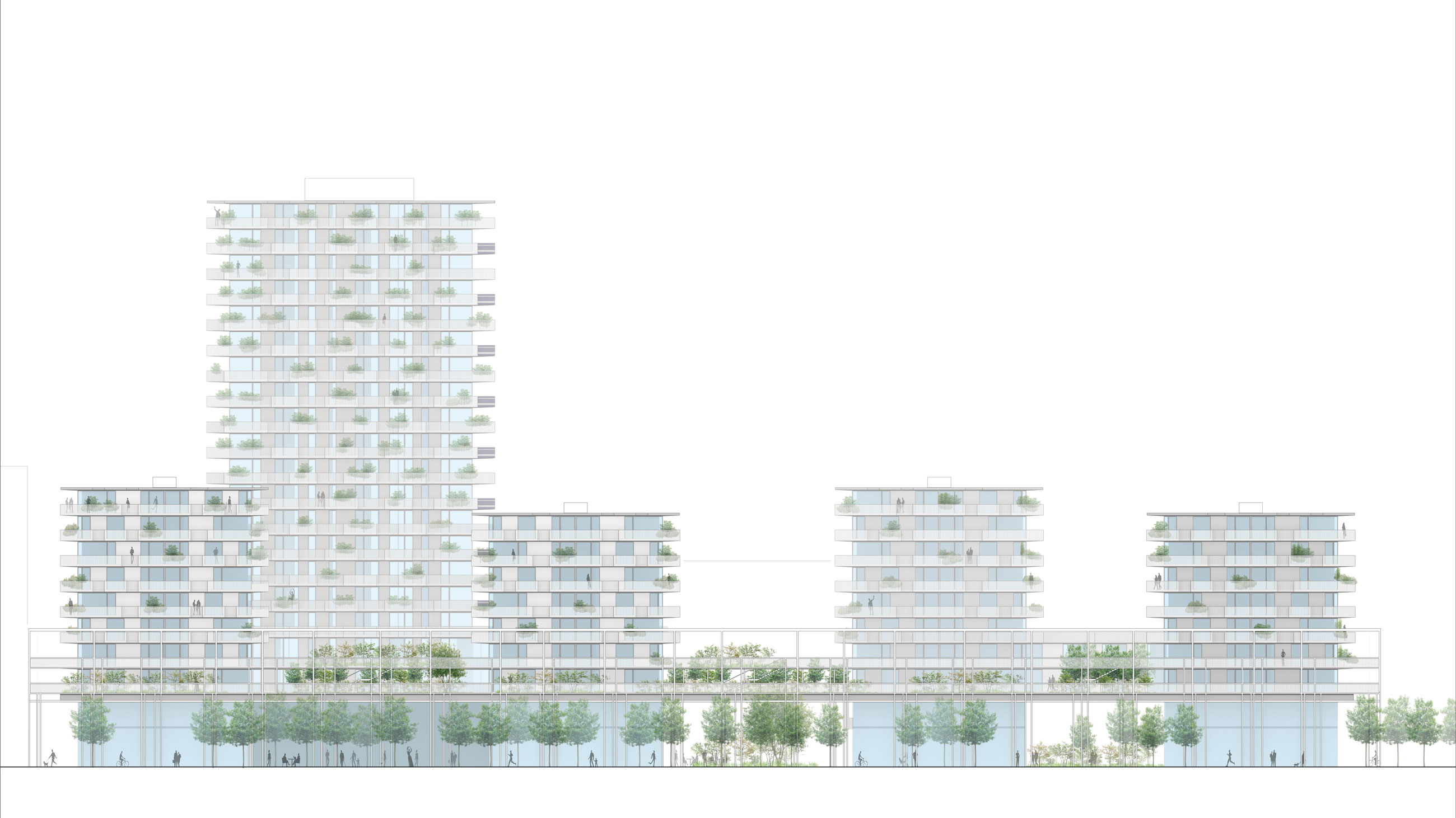 Group of modern glass apartment buildings with balconies and greenery, along a tree-lined street with storefronts at ground level.