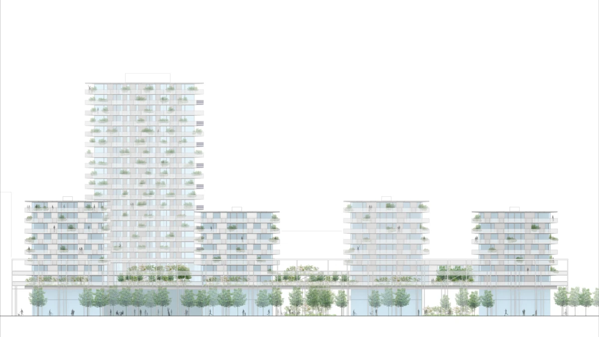 Group of modern glass apartment buildings with balconies and greenery, along a tree-lined street with storefronts at ground level.