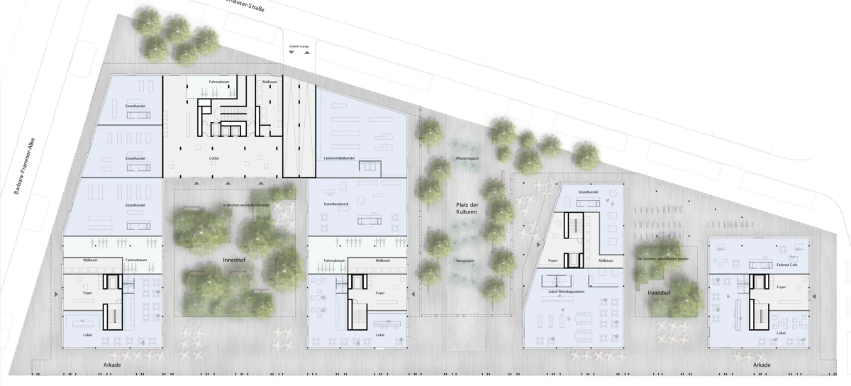 Site plan of a cultural precinct: interconnected buildings around a central Innenhof courtyard, with trees and Platz der Kulturen.