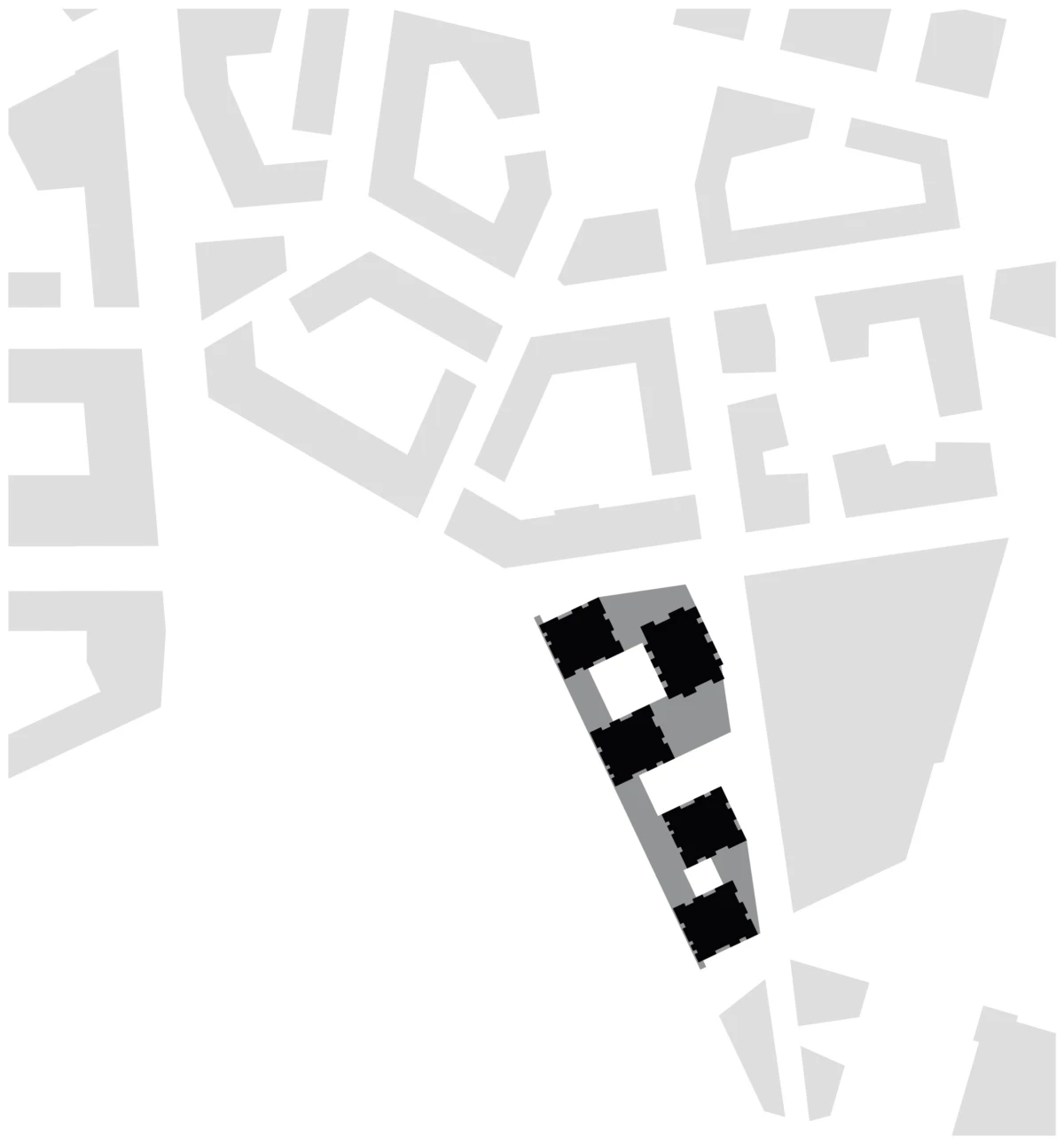 Diagonal black-and-white checkerboard strip crossing a pale-gray abstract city map of blocky buildings.