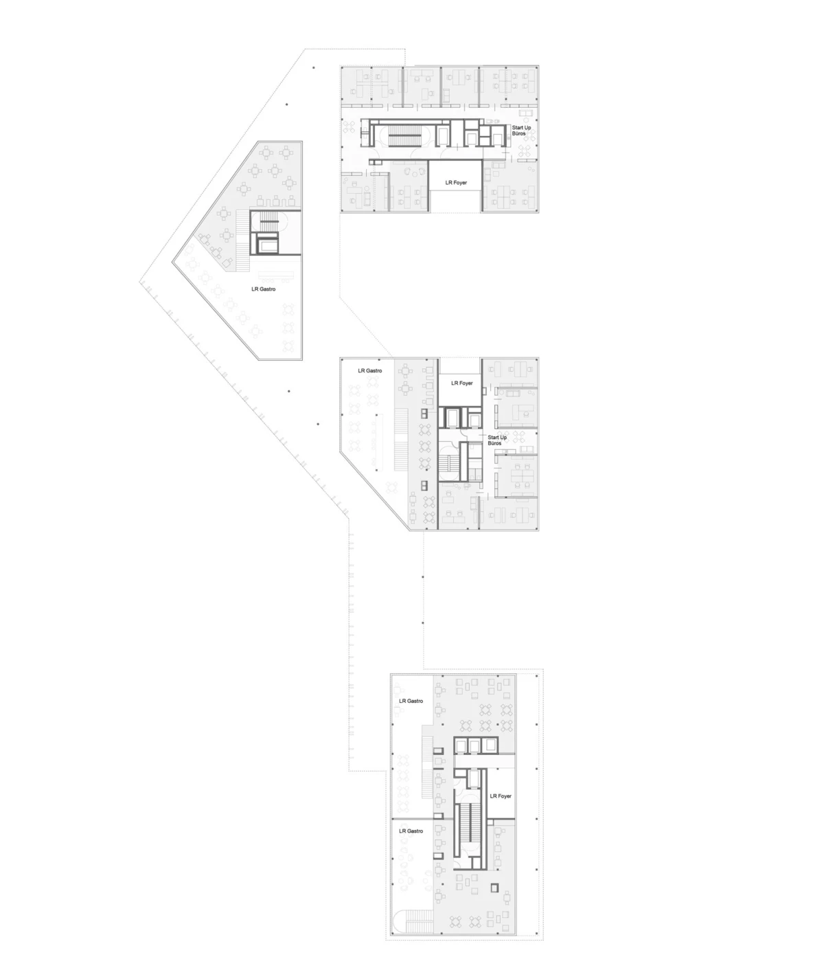Composite architectural floor plans of a multi-building complex; labeled areas include LR Gastro and LR Foyer along corridors.