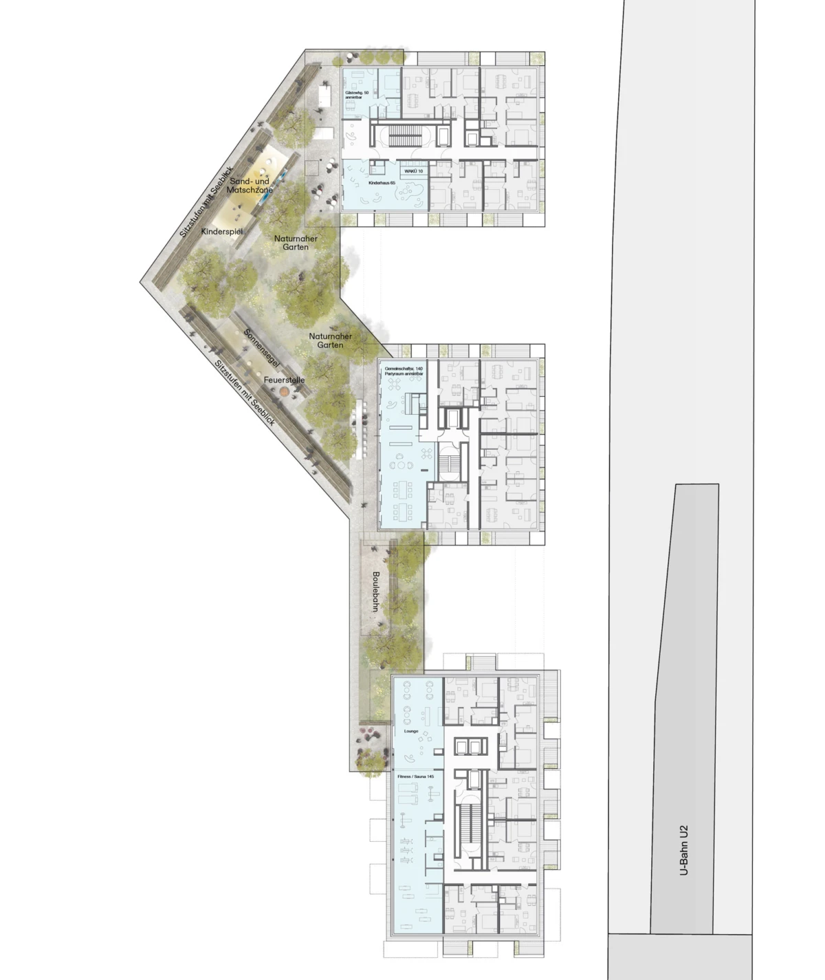 Depicts an architectural site plan of a connected building complex with central garden, playground, sandbox zone, and a rail line along the right.
