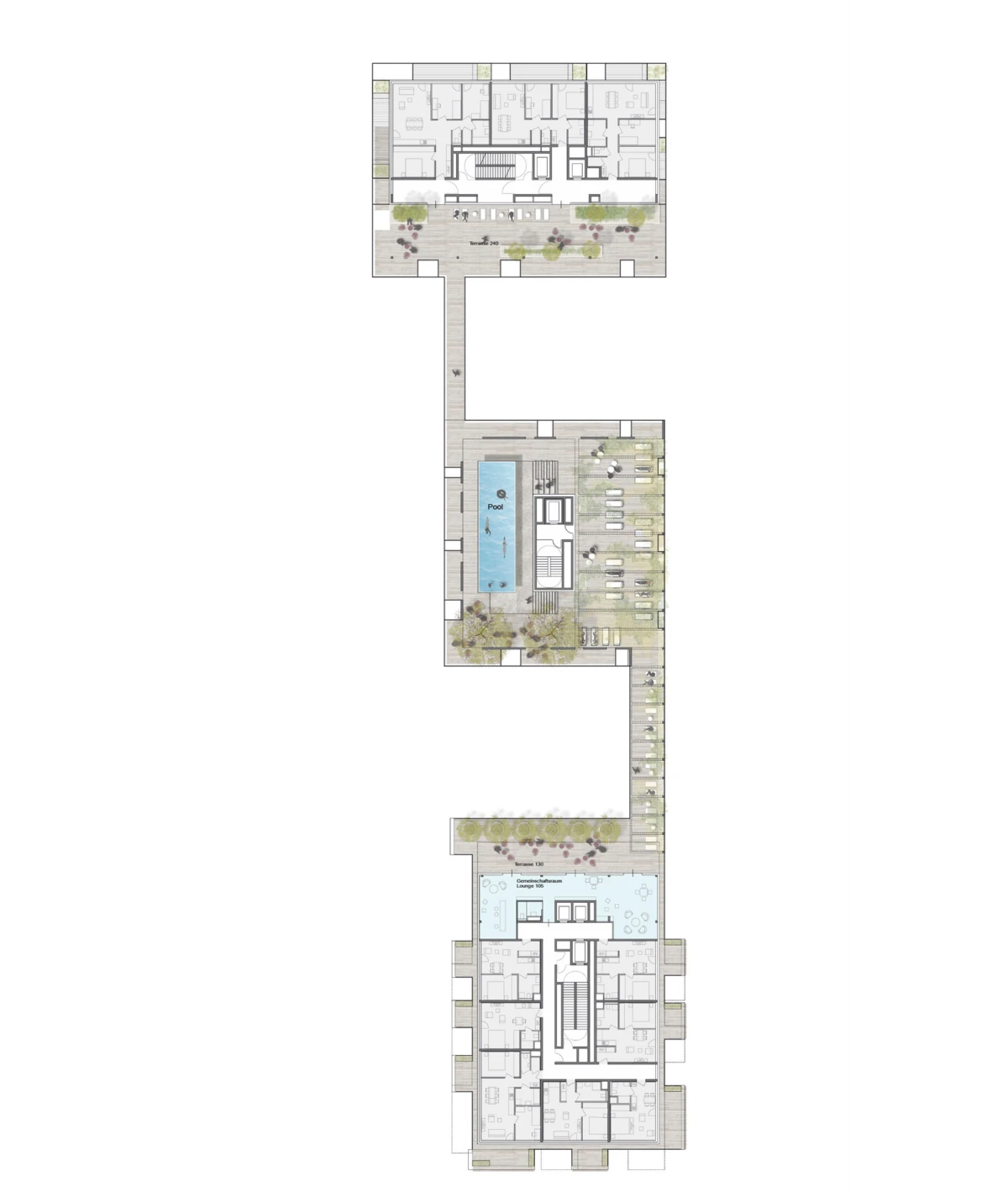 Vertical architectural floor plan of a slender building: top apartment block with terraces, middle pool deck, bottom apartment block.