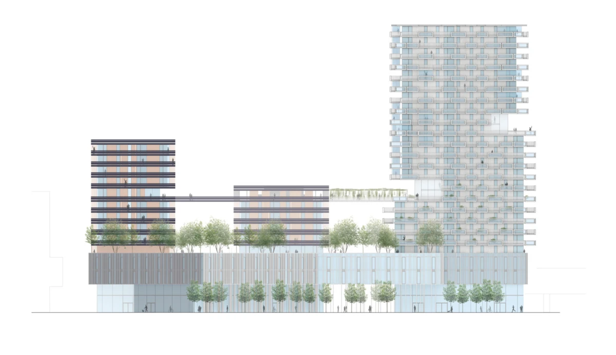 Elevation of a mixed-use complex: glass podium with storefronts, two brick mid-rise blocks, and a tall glass residential tower connected by a skybridge, with trees.