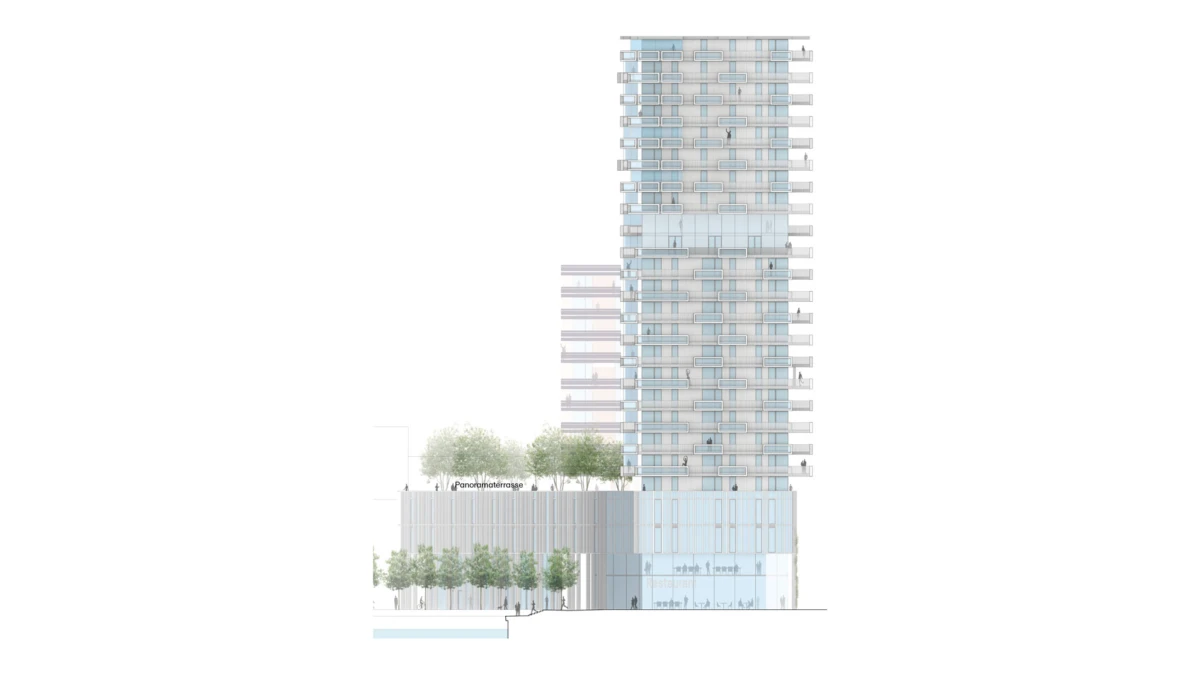 High-rise glass-clad residential tower on a lower podium with trees along the street in an urban setting.