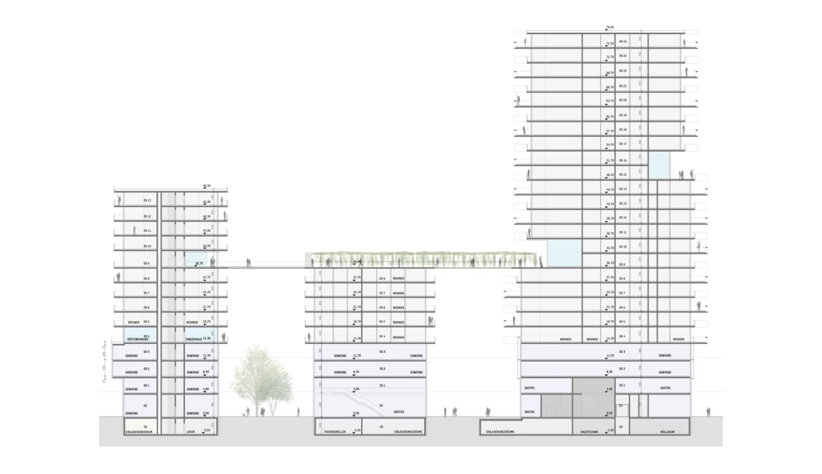 Cross-section view of a modern high-rise building complex: two tall towers connected by an elevated garden sky bridge, with trees and pedestrians on the walkway.