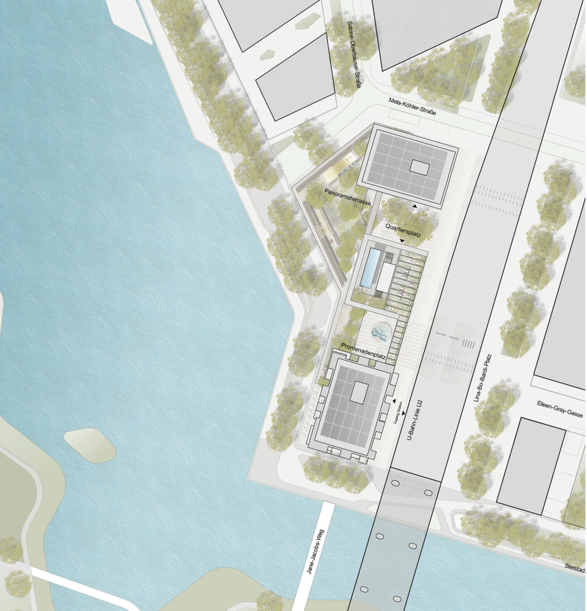 Aerial view of a riverside urban district with trees, plazas, and modern buildings along a waterway; a bridge crosses the water.