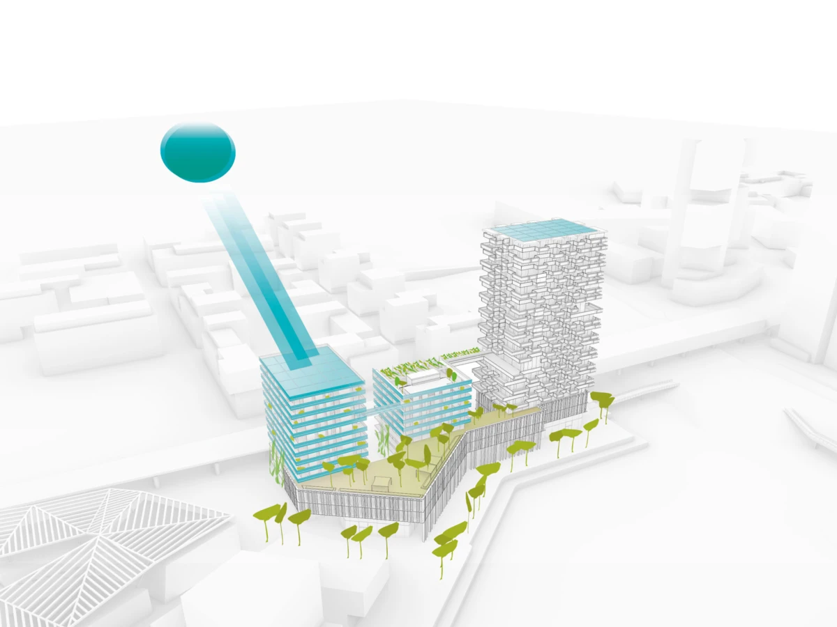 3D architectural model showing glass-clad building, latticed high-rise, and rooftop gardens in a white urban backdrop.